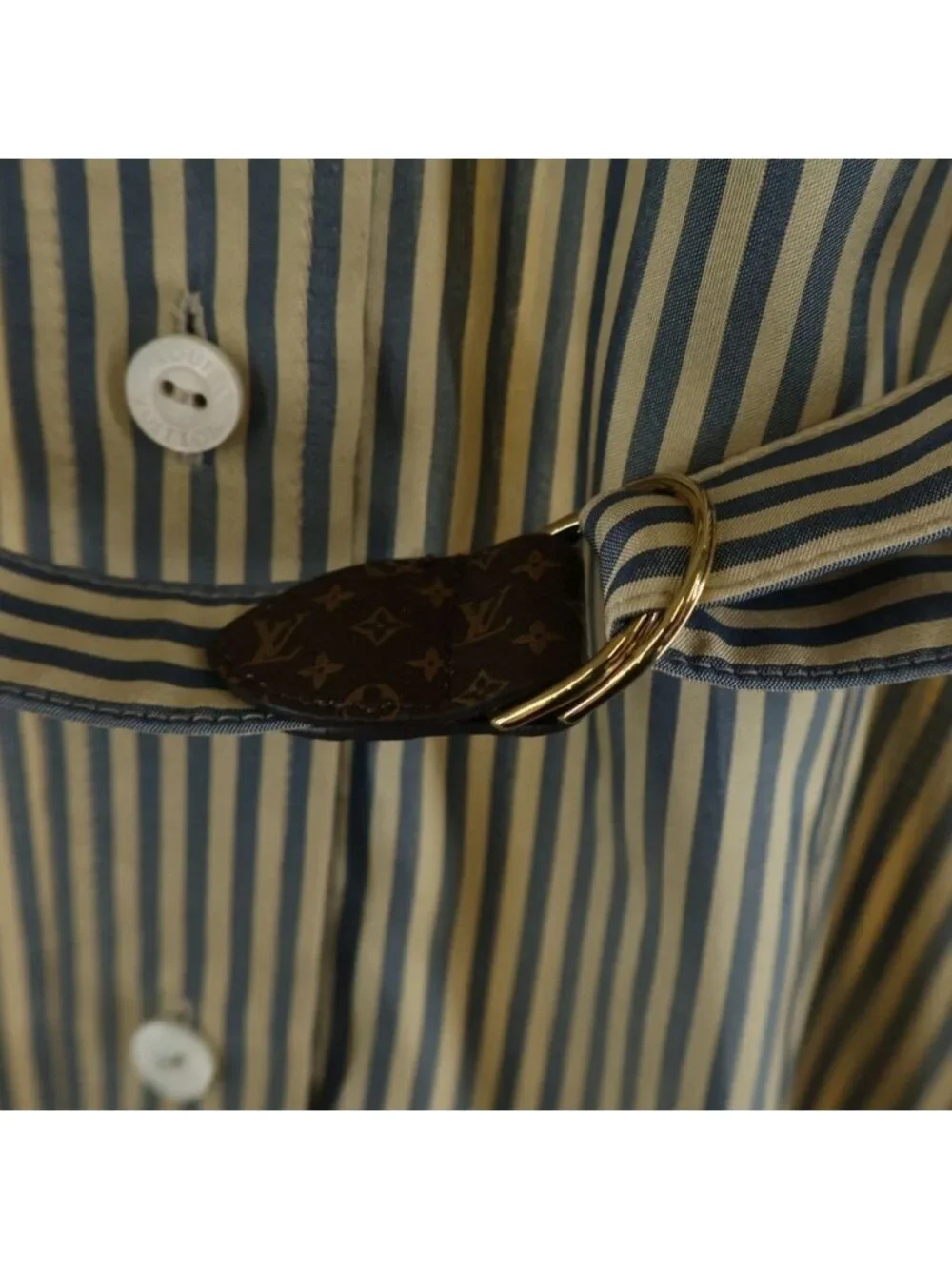 Louis Vuitton 24 SS Stripe Stand Collar Silk Long Sleeve Shirt Blouse Gold Gray